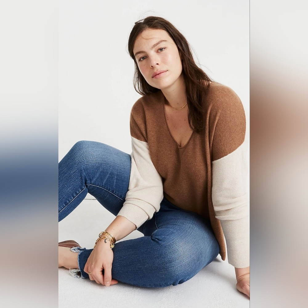 Madewell Kimball Pullover Sweater in tan and cream colorblock